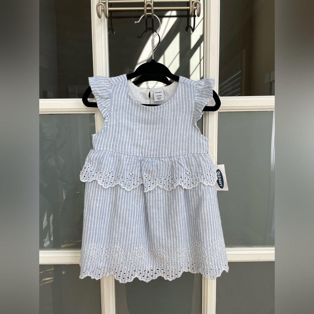 Old Navy Seersucker Blue and White Striped Dress with Embroidered Details 12-18M